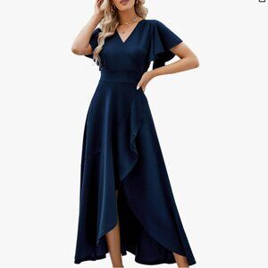 ZZV Split Elegant V Neck Wrap Ruffle Wedding Guest Dresses (Navy, L)